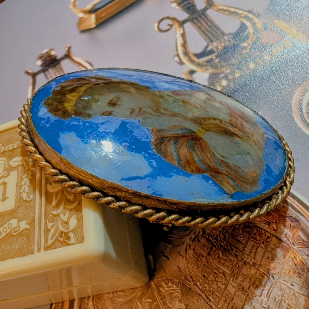 Large 1850s Antique Convex Glass Hand Painted Brooch